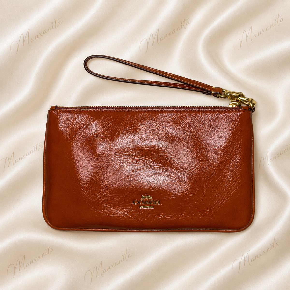 Coach Red-Orange Leather Wristlet Clutch with Buckle Pocket