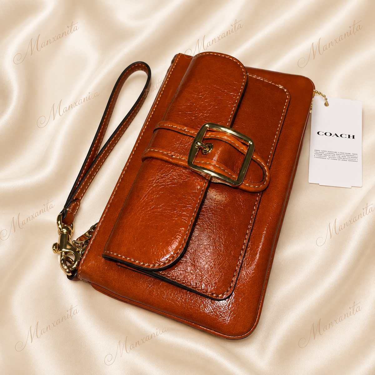 Coach Red-Orange Leather Wristlet Clutch with Buckle Pocket