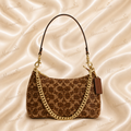 Coach Convertible Brown Monogram Shoulder Bag with rhinestone & Gold Chain strap