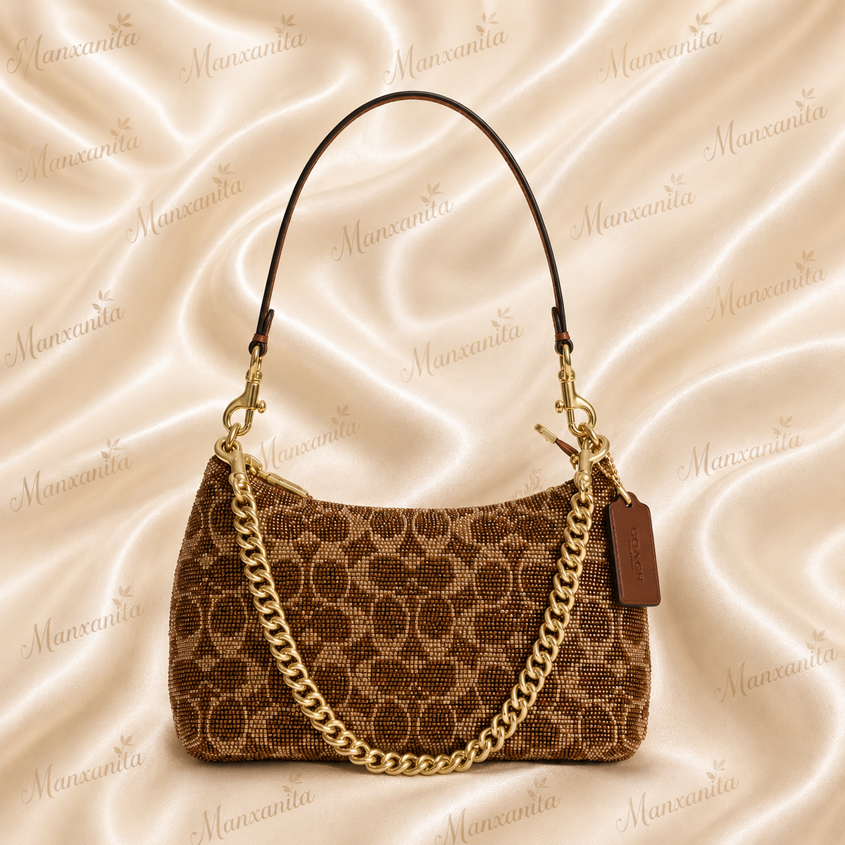 Coach Convertible Brown Monogram Shoulder Bag with rhinestone & Gold Chain strap
