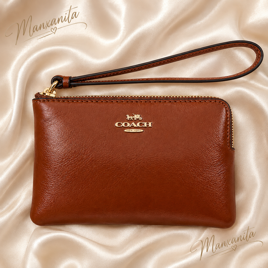 Coach Leather Zip Wristlet in Cognac