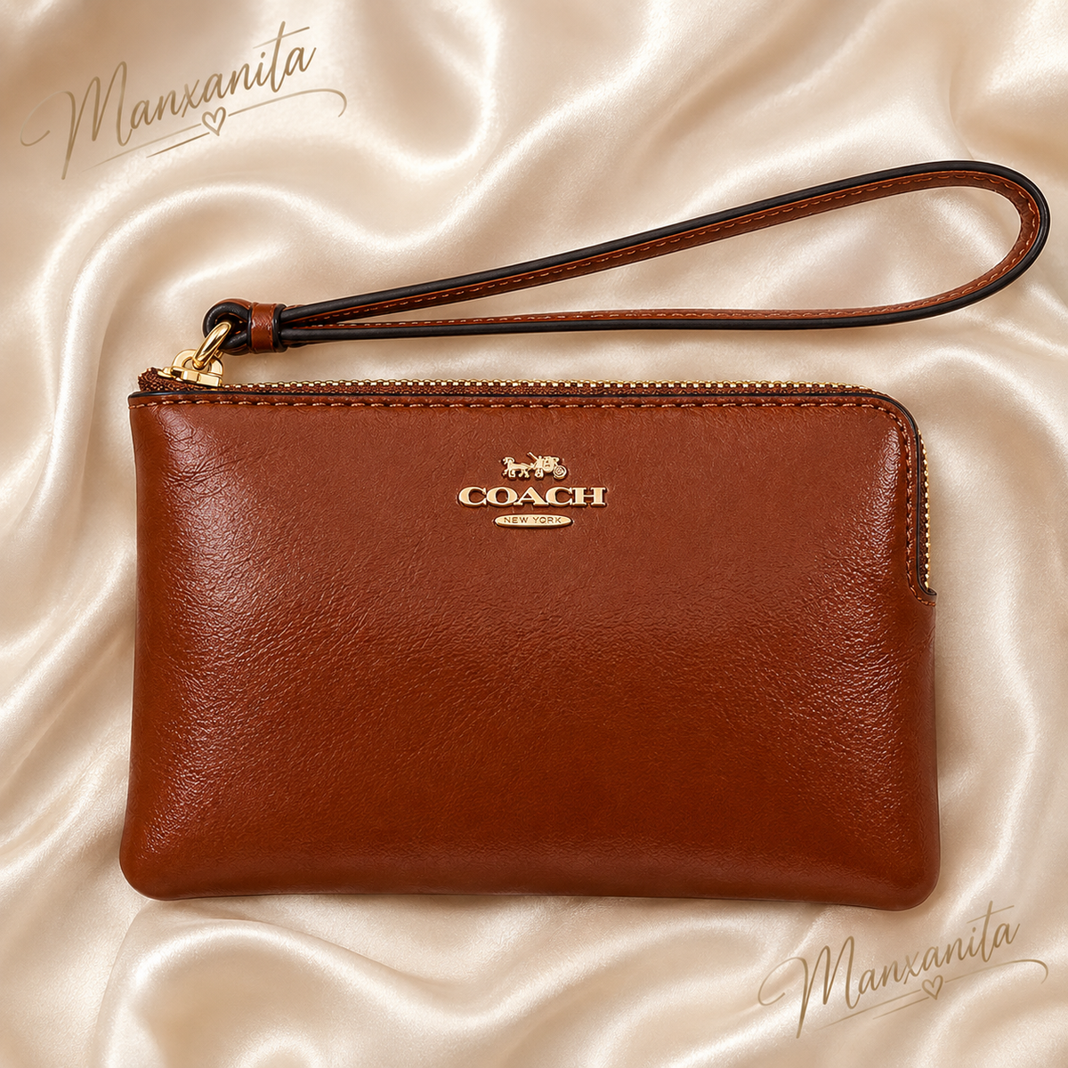 Coach Leather Zip Wristlet in Cognac