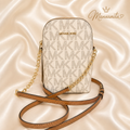 Michael Kors Cream Monogram Logo Crossbody with Tan Leather Strap & Gold Chain