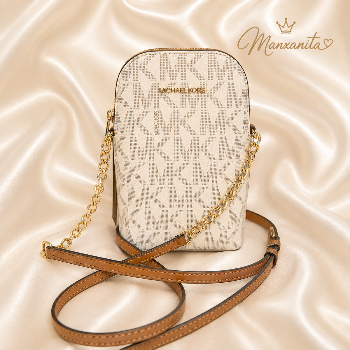 Michael Kors Cream Monogram Logo Crossbody with Tan Leather Strap & Gold Chain
