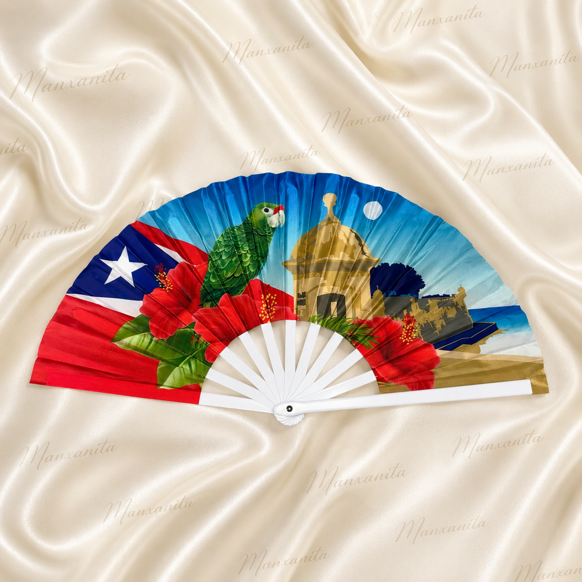 LARGE PUERTO RICO FOLDING HAND FAN WITH LA COTORRA