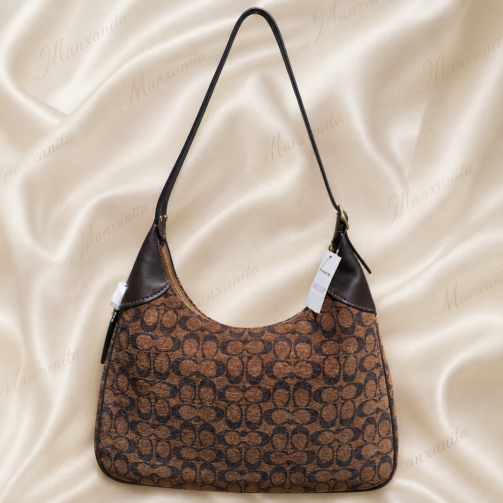Coach Brown Signature Jacquard Hobo Suede Monogram