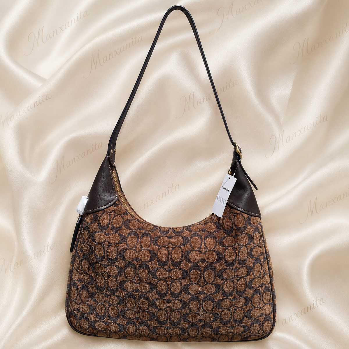 Coach Brown Signature Jacquard Hobo Suede Monogram